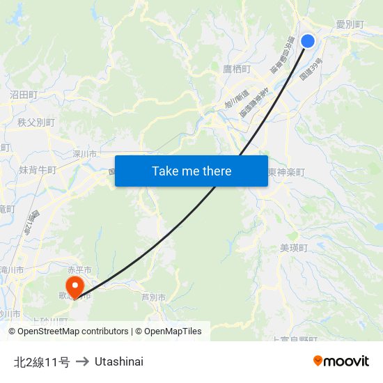 北2線11号 to Utashinai map