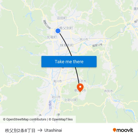 秩父別2条8丁目 to Utashinai map