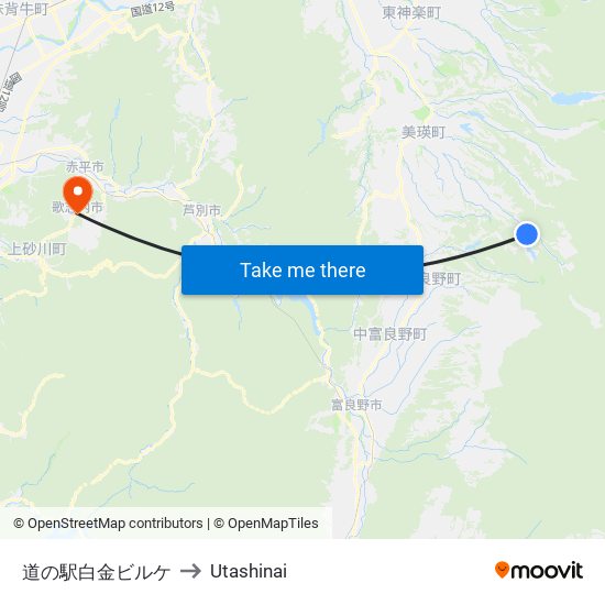 道の駅白金ビルケ to Utashinai map