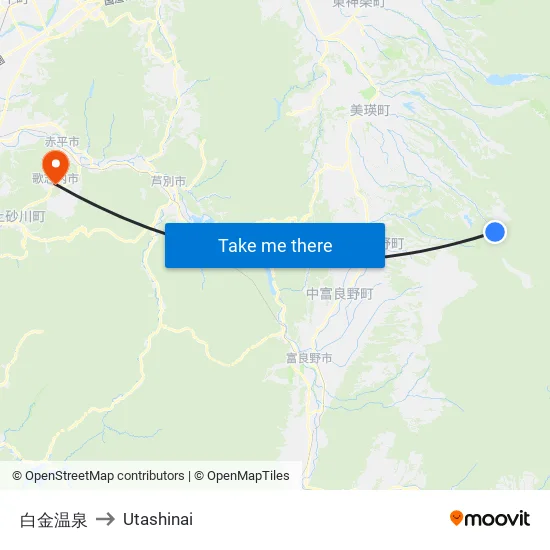 Shirogane Onsen to Utashinai map