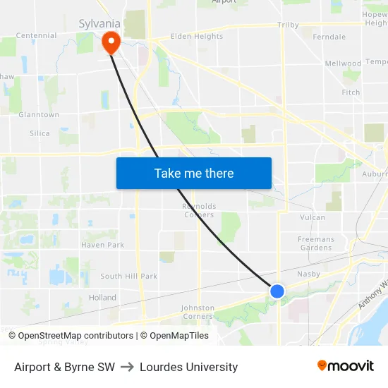 Airport & Byrne SW to Lourdes University map