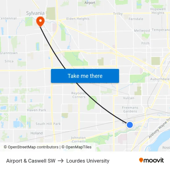 Airport & Caswell SW to Lourdes University map