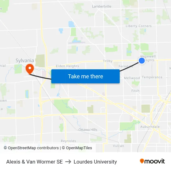 Alexis & Van Wormer SE to Lourdes University map