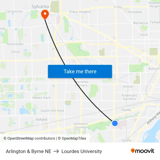 Arlington & Byrne NE to Lourdes University map