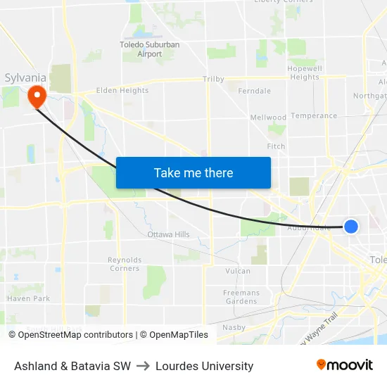 Ashland & Batavia SW to Lourdes University map