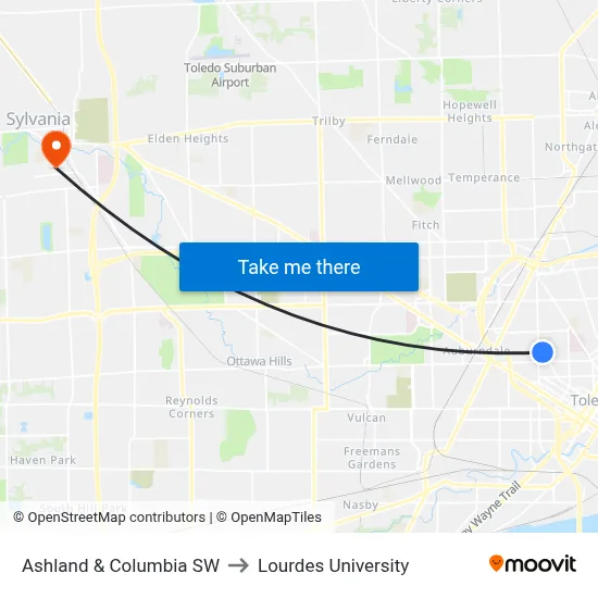 Ashland & Columbia SW to Lourdes University map