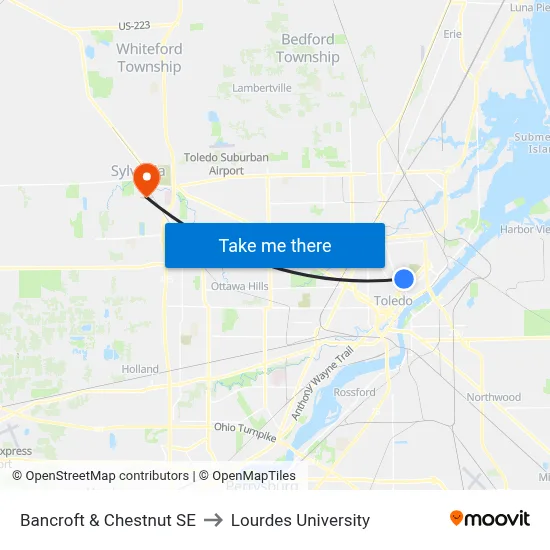 Bancroft & Chestnut SE to Lourdes University map