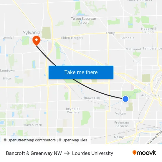 Bancroft & Greenway NW to Lourdes University map