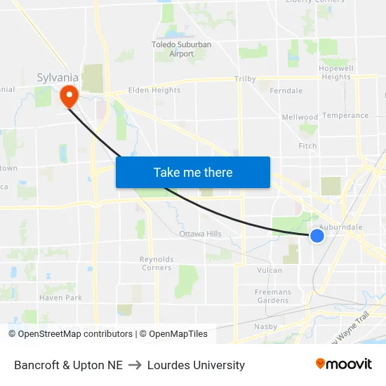 Bancroft & Upton NE to Lourdes University map