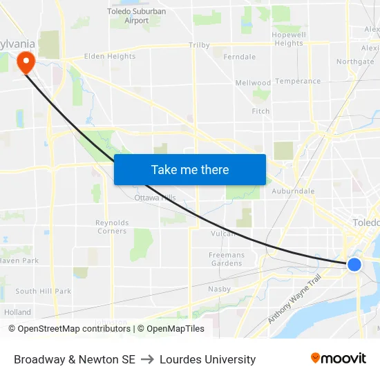 Broadway & Newton SE to Lourdes University map