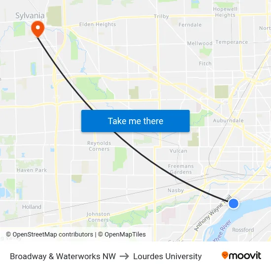 Broadway & Waterworks NW to Lourdes University map
