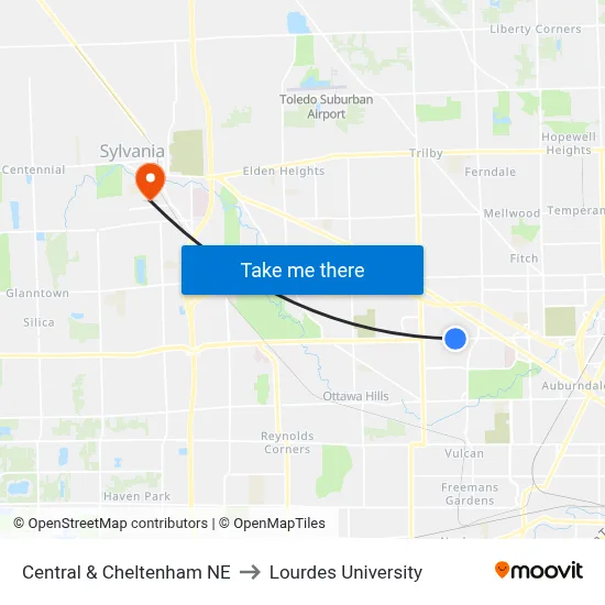 Central & Cheltenham NE to Lourdes University map