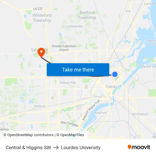 Central & Higgins SW to Lourdes University map