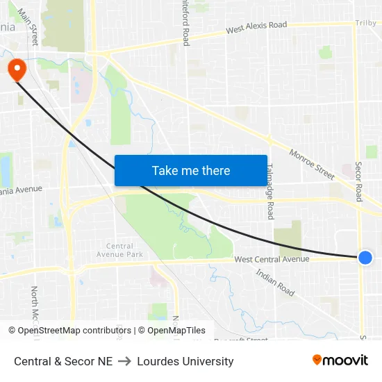 Central & Secor NE to Lourdes University map