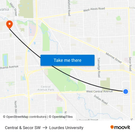 Central & Secor SW to Lourdes University map