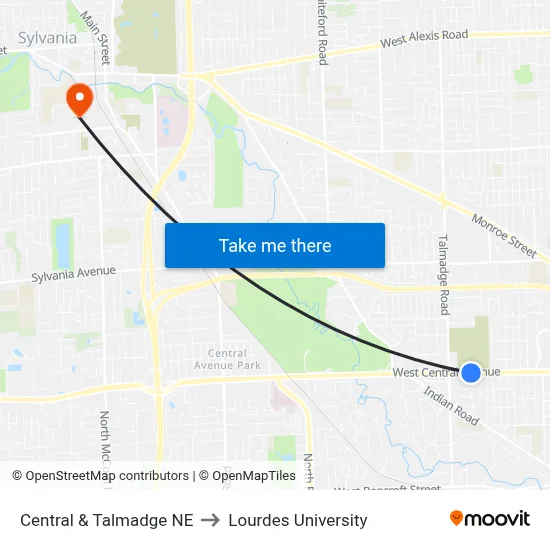 Central & Talmadge NE to Lourdes University map