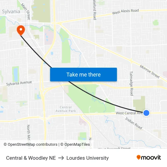 Central & Woodley NE to Lourdes University map