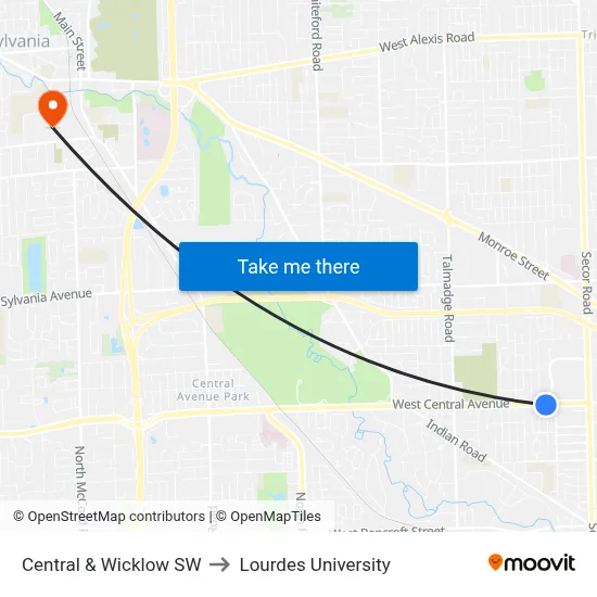 Central & Wicklow SW to Lourdes University map