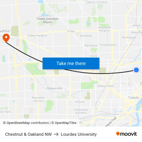 Chestnut & Oakland NW to Lourdes University map