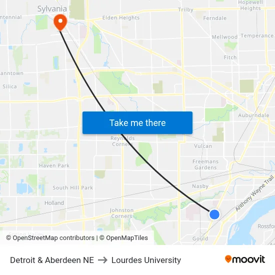 Detroit & Aberdeen NE to Lourdes University map