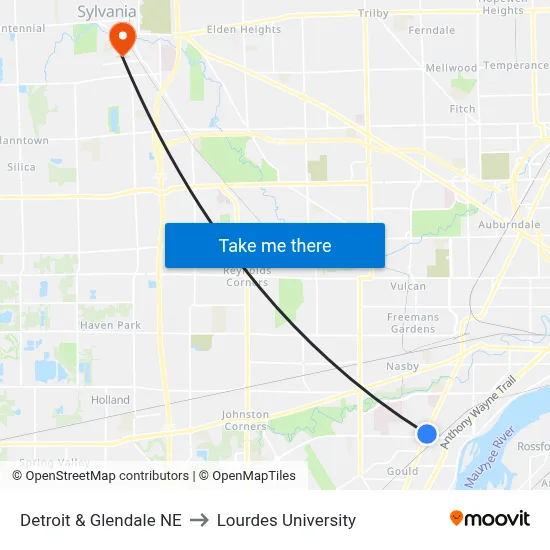 Detroit & Glendale NE to Lourdes University map