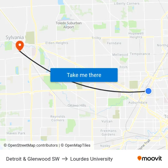 Detroit & Glenwood SW to Lourdes University map