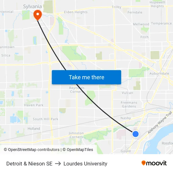 Detroit & Nieson SE to Lourdes University map