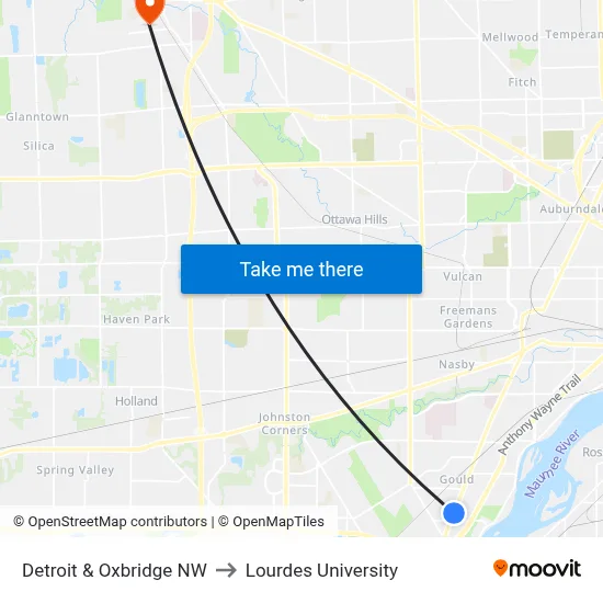 Detroit & Oxbridge NW to Lourdes University map