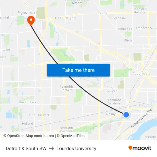 Detroit & South SW to Lourdes University map