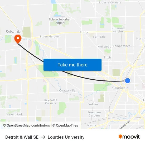 Detroit & Wall SE to Lourdes University map
