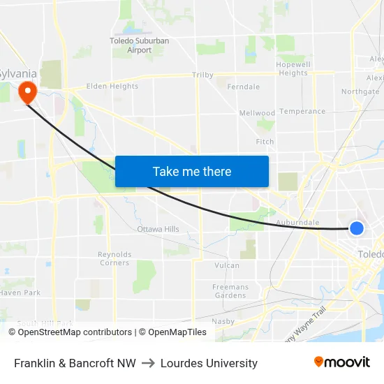 Franklin & Bancroft NW to Lourdes University map