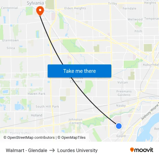 Walmart - Glendale to Lourdes University map