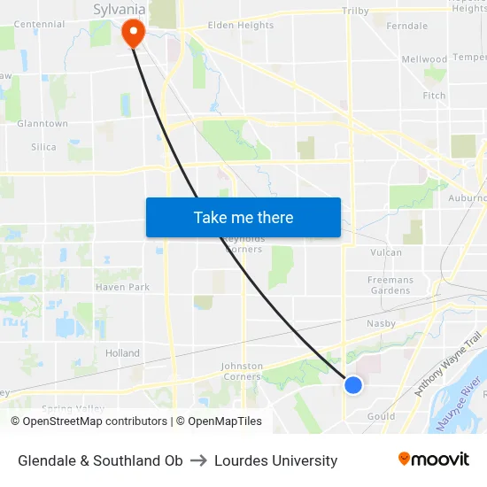 Glendale & Southland Ob to Lourdes University map