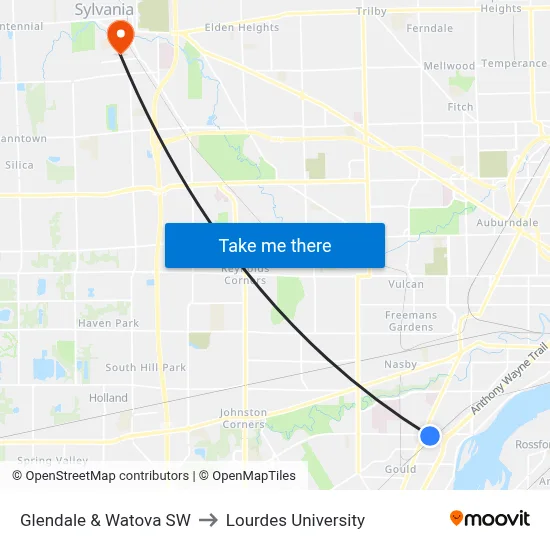 Glendale & Watova SW to Lourdes University map