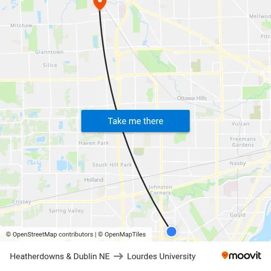 Heatherdowns & Dublin NE to Lourdes University map