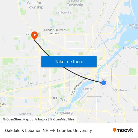 Oakdale & Lebanon NE to Lourdes University map