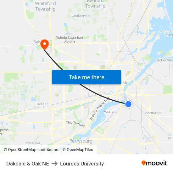 Oakdale & Oak NE to Lourdes University map