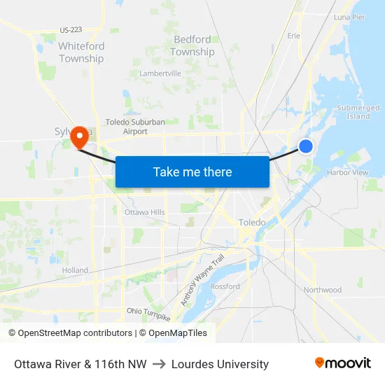 Ottawa River & 116th NW to Lourdes University map