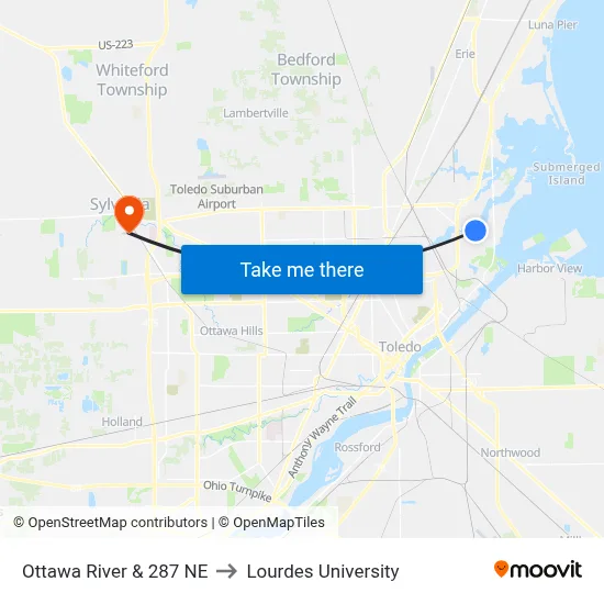 Ottawa River & 287 NE to Lourdes University map