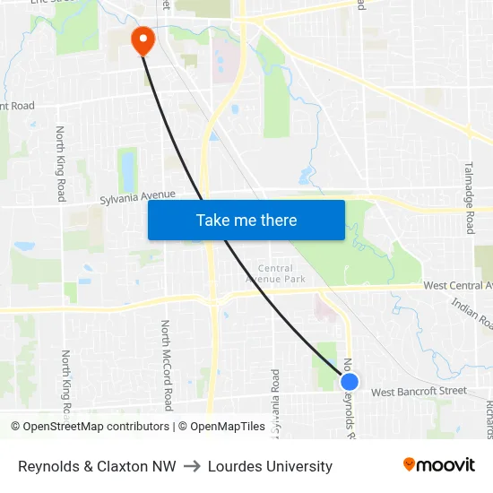 Reynolds & Claxton NW to Lourdes University map