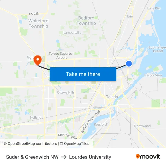 Suder & Greenwich NW to Lourdes University map
