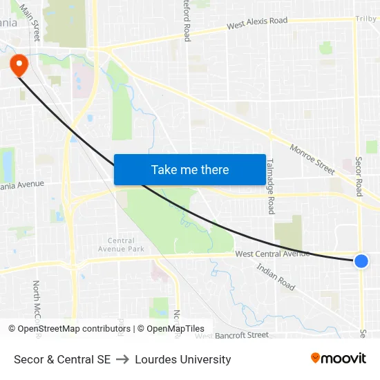 Secor & Central SE to Lourdes University map