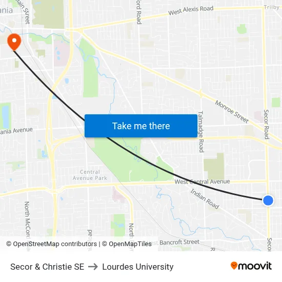 Secor & Christie SE to Lourdes University map