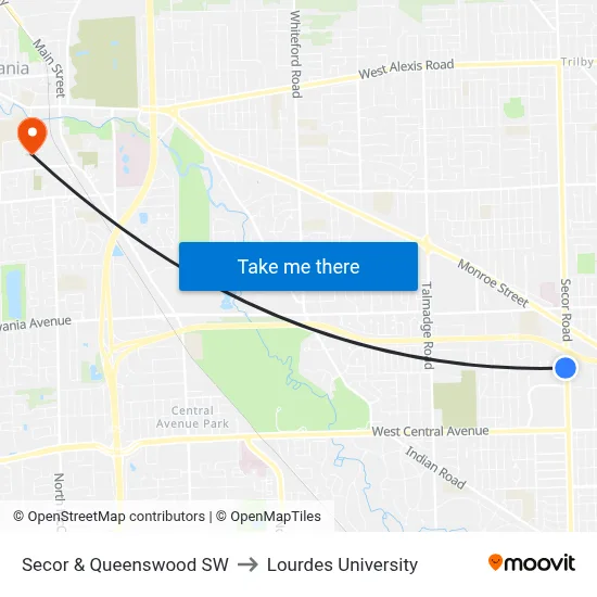 Secor & Queenswood SW to Lourdes University map