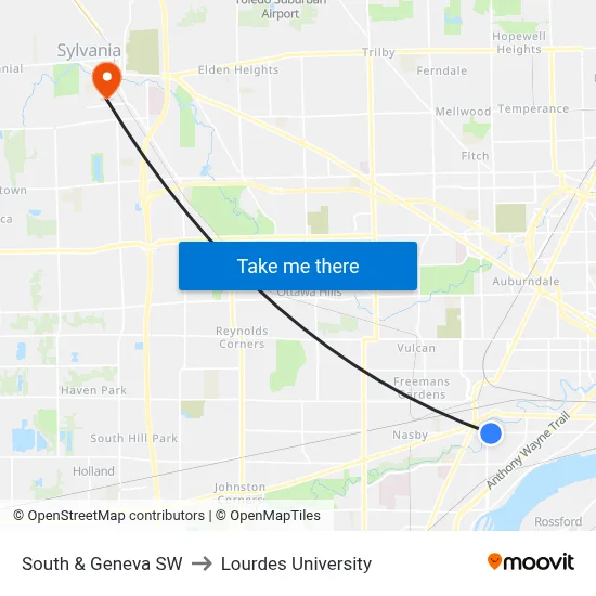 South & Geneva SW to Lourdes University map