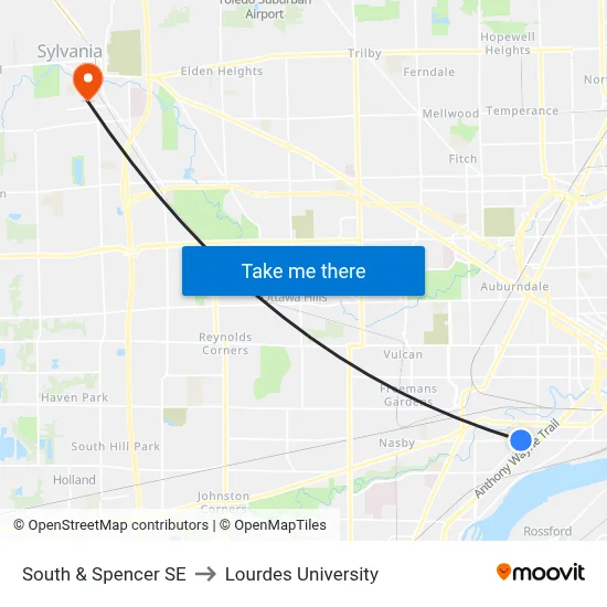 South & Spencer SE to Lourdes University map