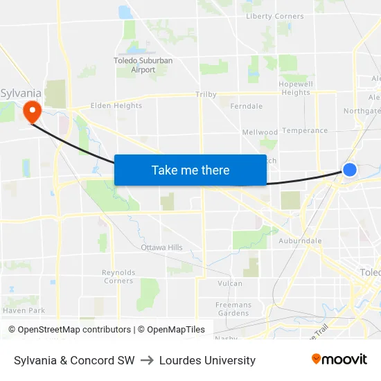 Sylvania & Concord SW to Lourdes University map