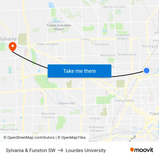 Sylvania & Funston SW to Lourdes University map