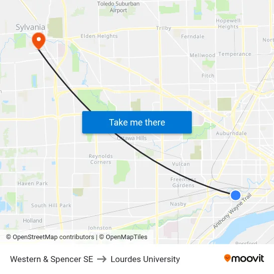 Western & Spencer SE to Lourdes University map