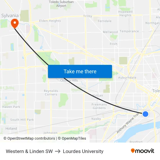 Western & Linden SW to Lourdes University map